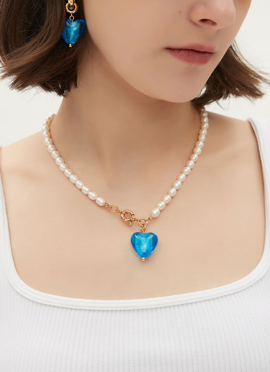 Esme Sky Blue Enamel Heart Pendant Necklace with Pearls