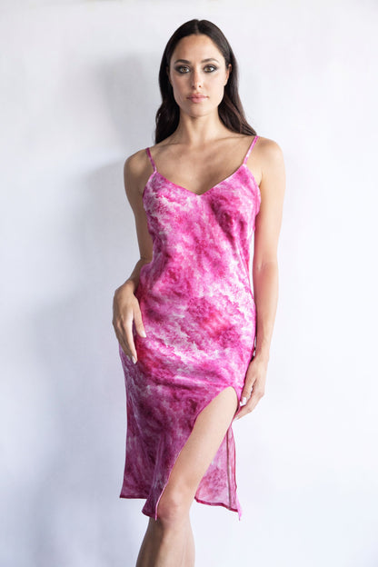 PINK BRIGHT - Mid-length dress in 100% silk